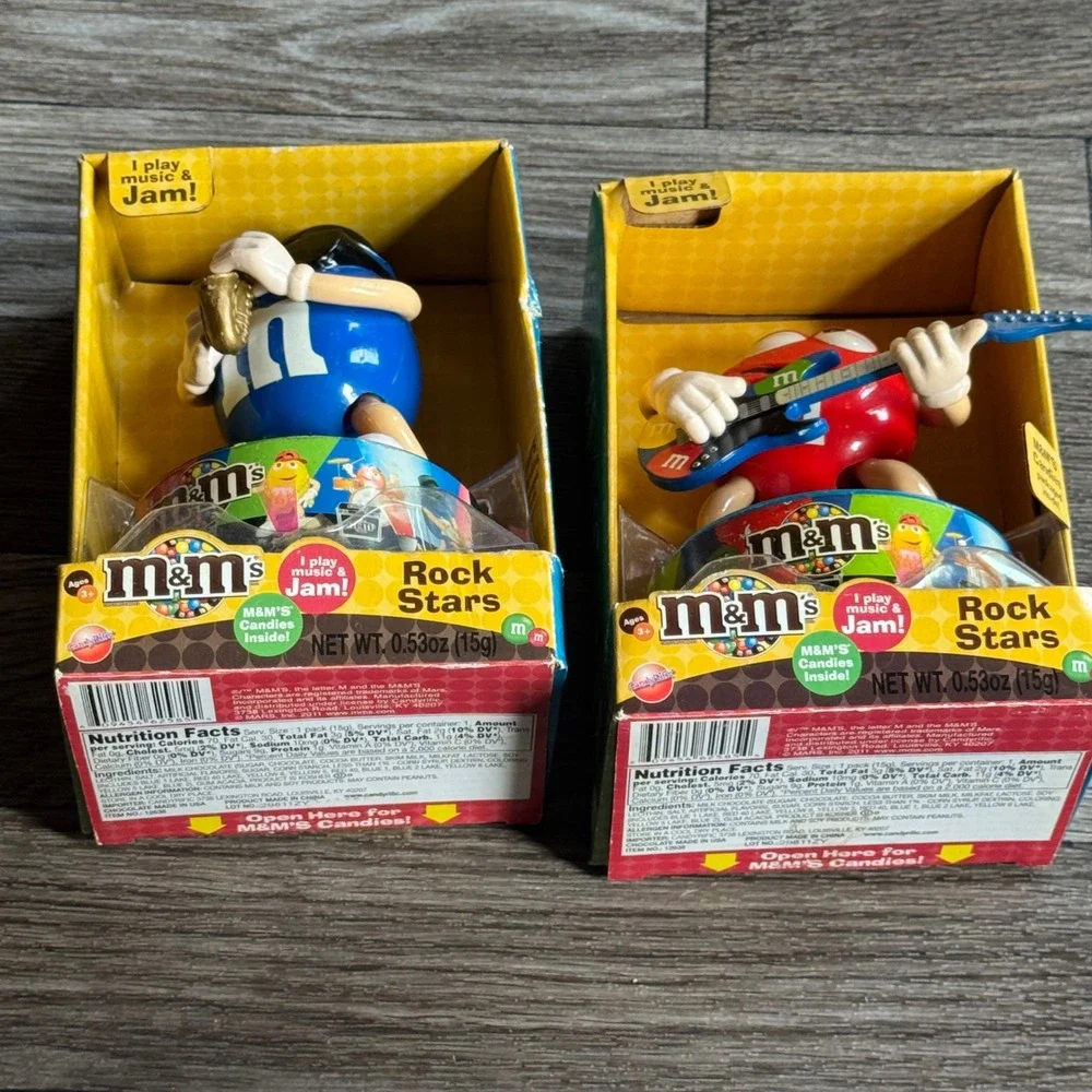 M&M's Rock Stars Candy Dispensers Red Guitar Blue Saxophone Musical Set of 2